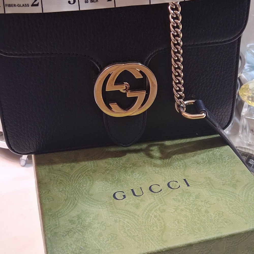 Gucci Black Leather Crossbody Bag with Gold GG Chain